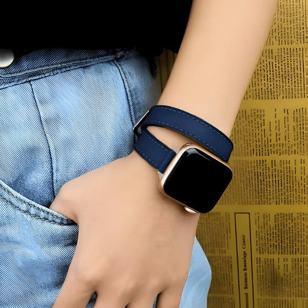 Cleopatra Double Tour Slim Genuine Leather Band for Apple Watch 40/41/42mm -Blue