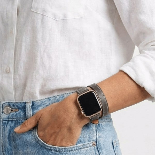 Cleopatra Double Tour Slim Genuine Leather Band for Apple Watch 40/41/42mm -Grey