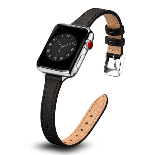 Genuine Leather Band Narrow for Apple Watch 44/45/46/49mm -Black Silver Buckle