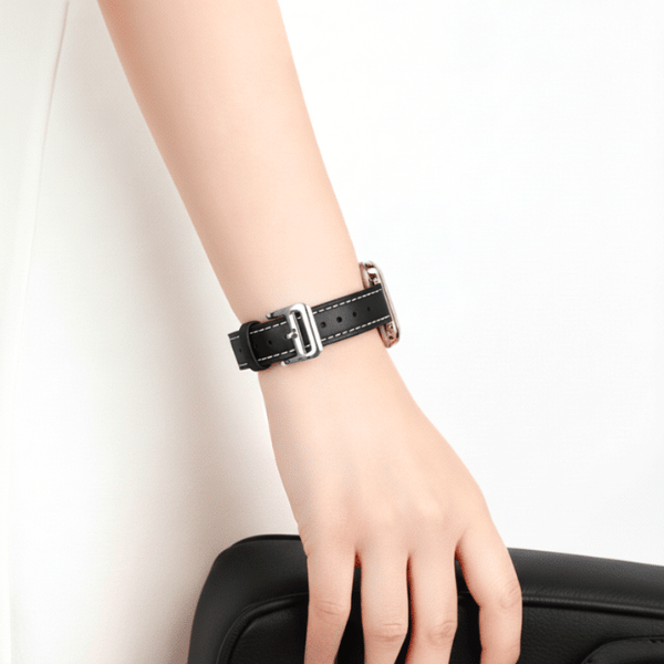 Genuine Leather Band Narrow for Apple Watch 40/41/42mm -Black Double Buckle -Silver