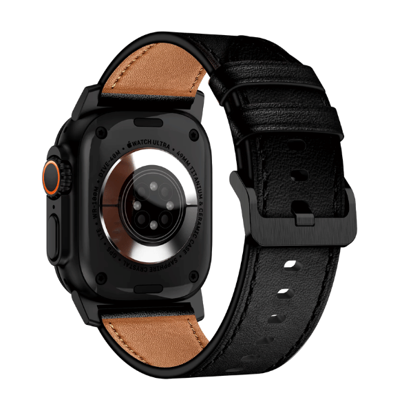 Wide Genuine Leather Band for Apple Watch 44/45/46/49mm Black buckle Cubby -Black