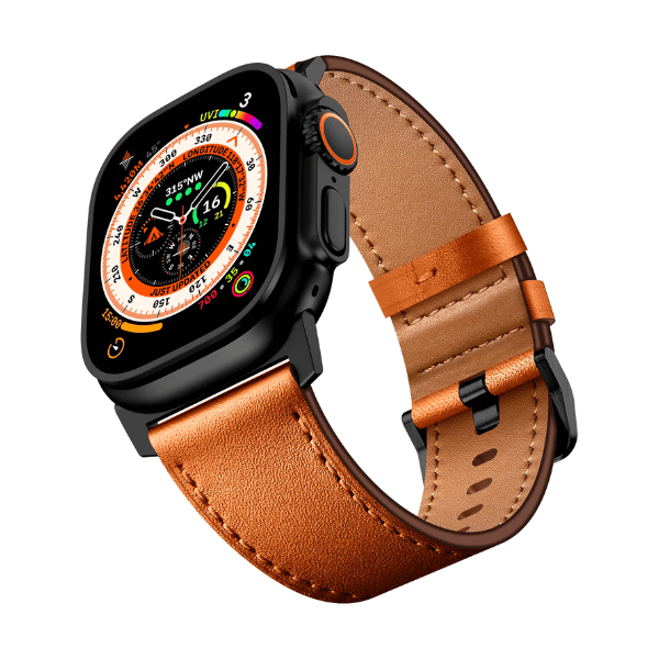 Wide Genuine Leather Band for Apple Watch 44/45/46/49mm  Black buckle Cubby -Light Brown