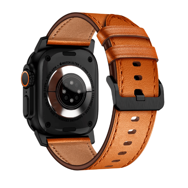 Wide Genuine Leather Band for Apple Watch 44/45/46/49mm Black buckle Cubby -Light Brown