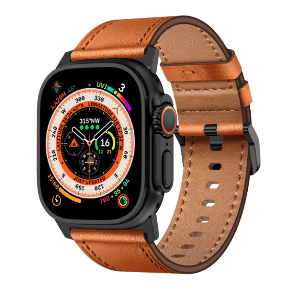 Wide Genuine Leather Band for Apple Watch 44/45/46/49mm  Black buckle Cubby -Light Brown