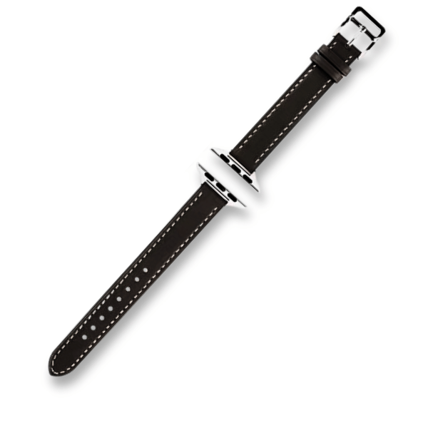 Genuine Leather Band Narrow for Apple Watch 40/41/42mm -Black Double Buckle -Silver