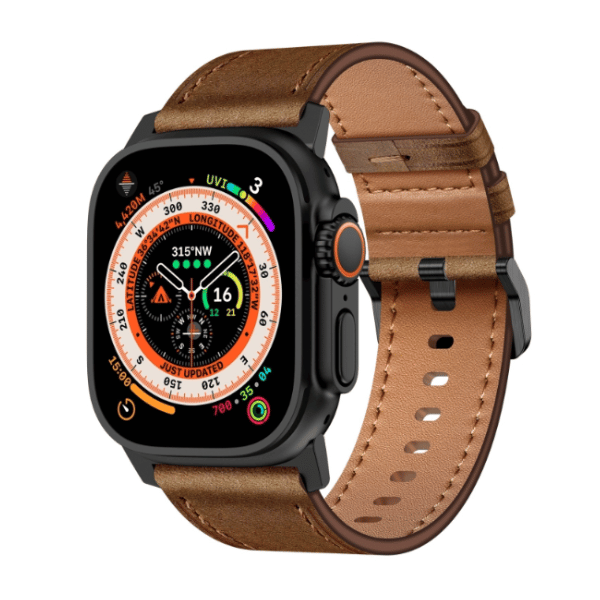 Wide Genuine Leather Band for Apple Watch 44/45/46/49mm Black buckle Cubby -Brown