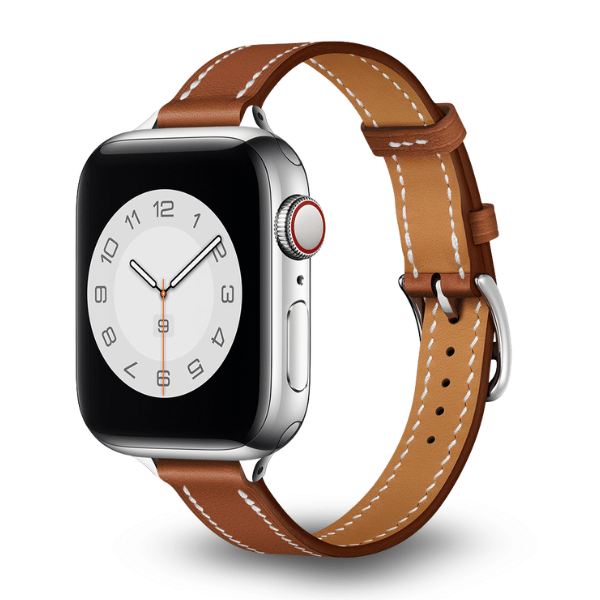 Genuine Leather Band Narrow for Apple Watch 40/41/42mm -Light Brown Double Clasp -Silver