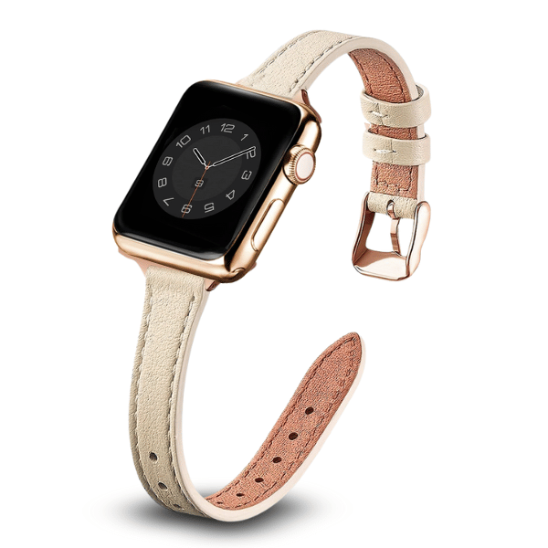 Genuine Leather Band Narrow for Apple Watch 44/45/46/49mm -Beige Rose Gold Buckle