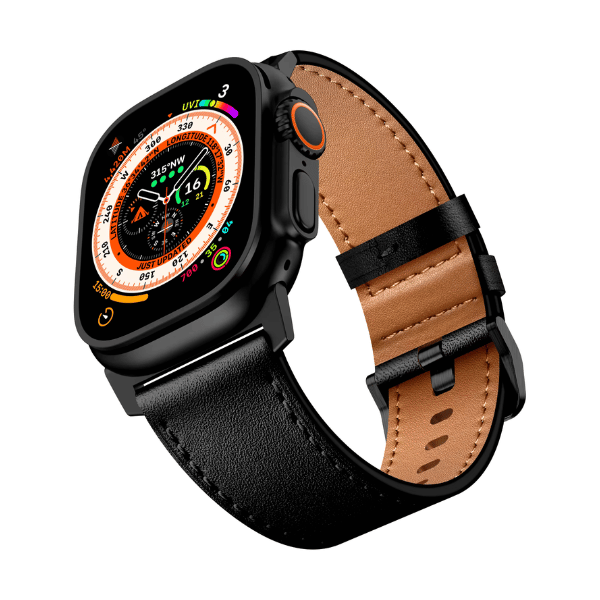 Wide Genuine Leather Band for Apple Watch 44/45/46/49mm Black buckle Cubby -Black