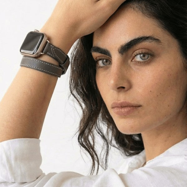 Cleopatra Double Tour Slim Genuine Leather Band for Apple Watch 40/41/42mm -Grey