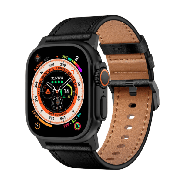 Wide Genuine Leather Band for Apple Watch 44/45/46/49mm Black buckle Cubby -Black