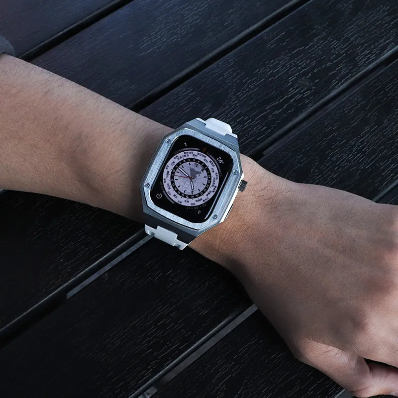 Apple Watch Full Case MOD KIT Silver Stainless Steel case with Silicone band Lukas 44mm 45mm -White