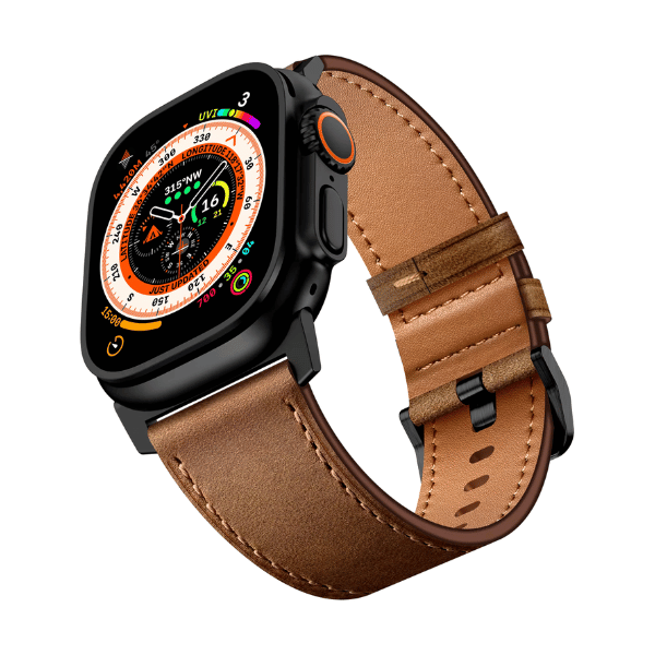 Wide Genuine Leather Band for Apple Watch 44/45/46/49mm Black buckle Cubby -Brown