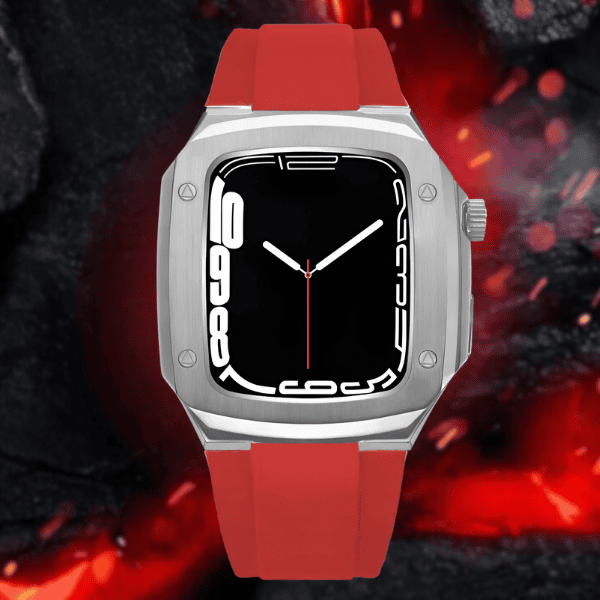 Apple Watch Full Case MOD KIT Silver Stainless Steel case with Silicone band Lukas 44mm 45mm -Red