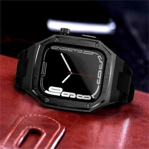 Apple Watch Full Case MOD KIT Black Stainless Steel case with Silicone band Lukas 44mm 45mm -Black