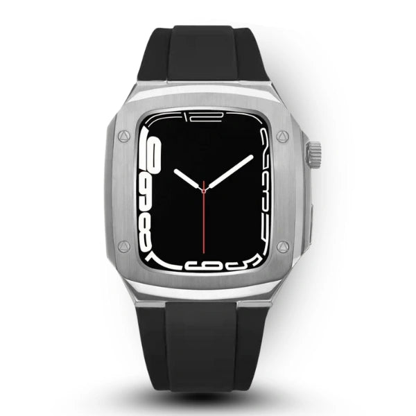 Apple Watch Full Case MOD KIT Silver Stainless Steel case with Silicone band Lukas 44mm 45mm -Black