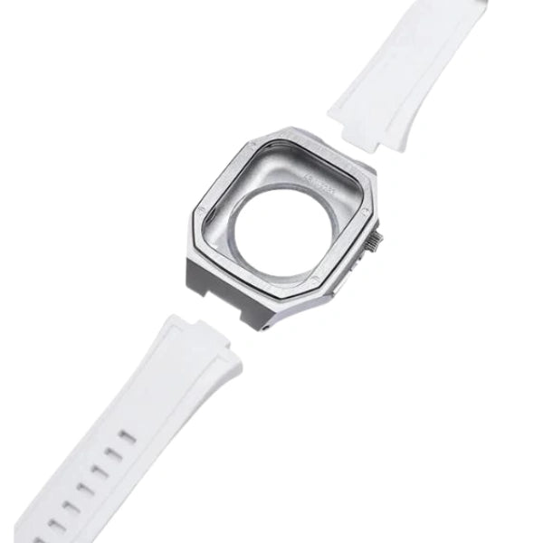 Apple Watch Full Case MOD KIT Silver Stainless Steel case with Silicone band Lukas 44mm 45mm -White