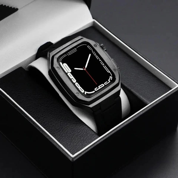 Apple Watch Full Case MOD KIT Black Stainless Steel case with Silicone band Lukas 44mm 45mm -Black