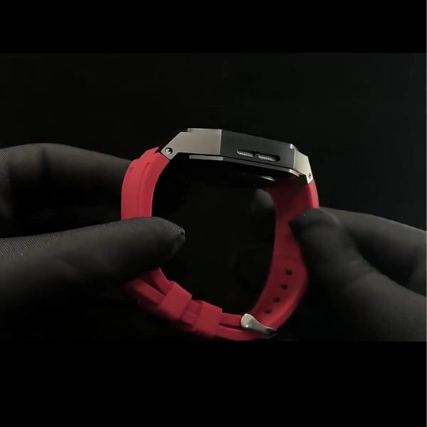 Apple Watch Full Case MOD KIT Black Stainless Steel case with Silicone band Lukas 44mm 45mm-Red