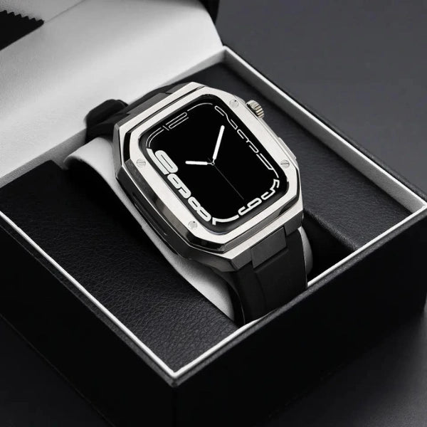 Apple Watch Full Case MOD KIT Silver Stainless Steel case with Silicone band Lukas 44mm 45mm -Black