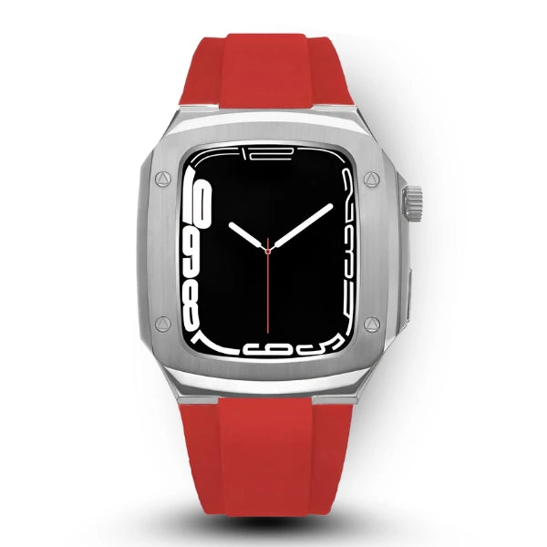 Apple Watch Full Case MOD KIT Silver Stainless Steel case with Silicone band Lukas 44mm 45mm -Red