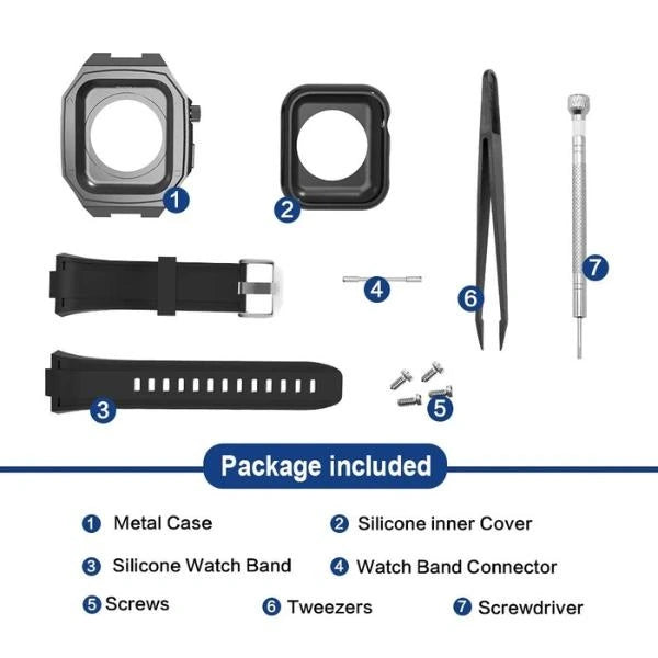 Apple Watch Full Case MOD KIT Silver Stainless Steel case with Silicone band Lukas 44mm 45mm -White