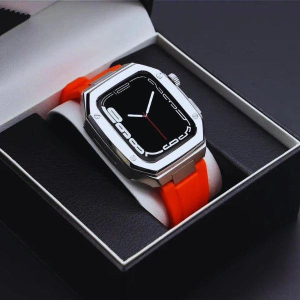 Apple Watch Full Case MOD KIT Silver Stainless Steel case with Silicone band Lukas 44mm 45mm -Red