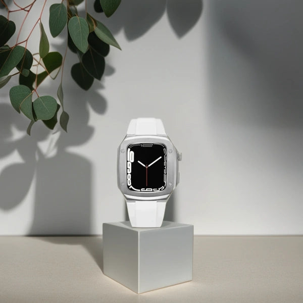Apple Watch Full Case MOD KIT Silver Stainless Steel case with Silicone band Lukas 44mm 45mm -White