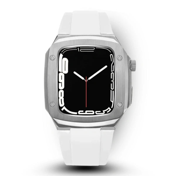 Apple Watch Full Case MOD KIT Silver Stainless Steel case with Silicone band Lukas 44mm 45mm -White