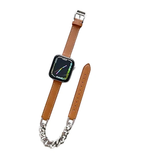 Leather Band Double Narrow with Chain for Apple Watch 44/45/46/49mm -Brown