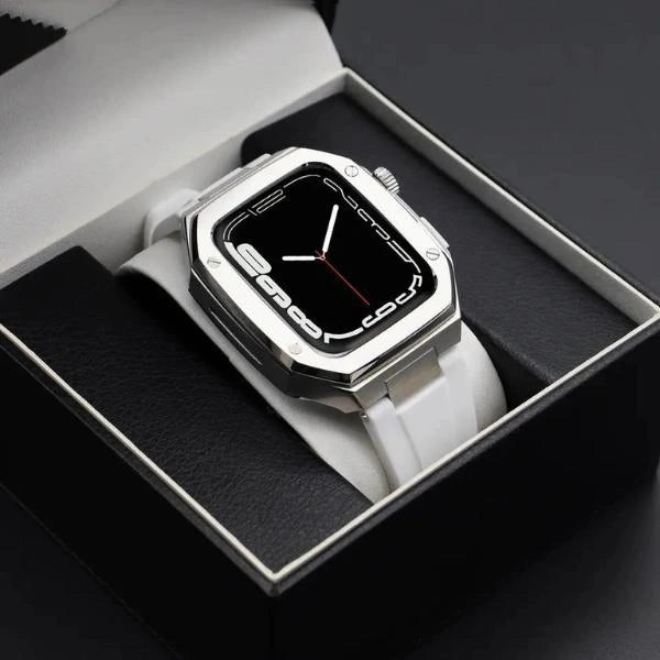 Apple Watch Full Case MOD KIT Silver Stainless Steel case with Silicone band Lukas 44mm 45mm -White