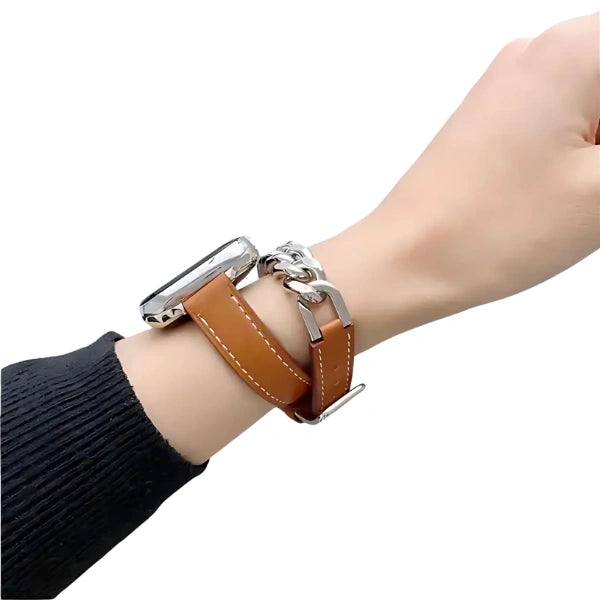 Leather Band Double Narrow with Chain for Apple Watch 44/45/46/49mm -Brown