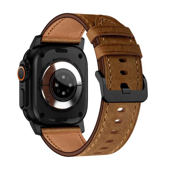 Wide Genuine Leather Band for Apple Watch 44/45/46/49mm Black buckle Cubby -Brown