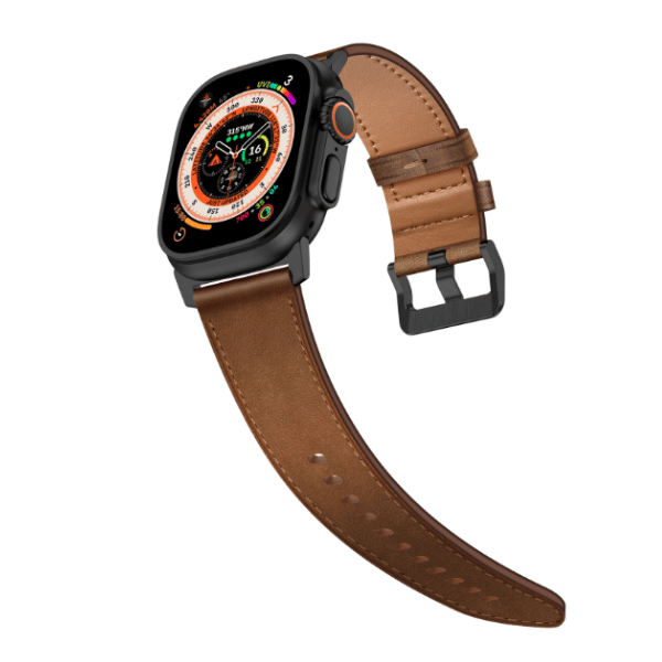 Wide Genuine Leather Band for Apple Watch 44/45/46/49mm Black buckle Cubby -Brown