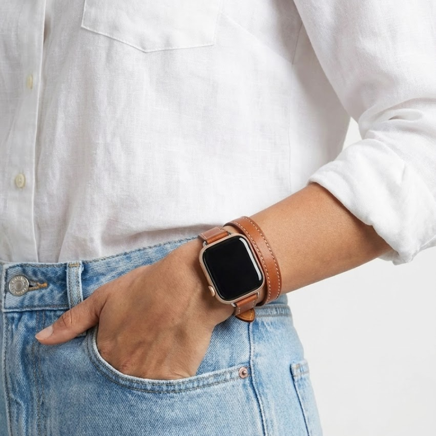 Cleopatra Double Tour Slim Genuine Leather Band for Apple Watch 40/41/42mm –Brown