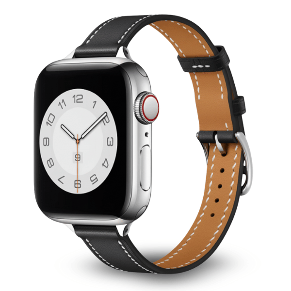 Genuine Leather Band Narrow for Apple Watch 40/41/42mm -Black Double Buckle -Silver