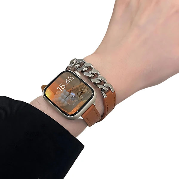 Leather Band Double Narrow with Chain for Apple Watch 44/45/46/49mm -Brown