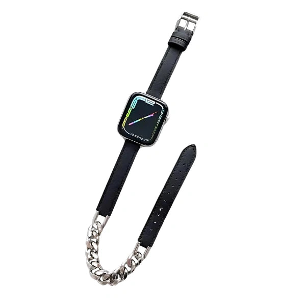 Leather Band Double Narrow with Chain for Apple Watch 40/41/42mm -Black