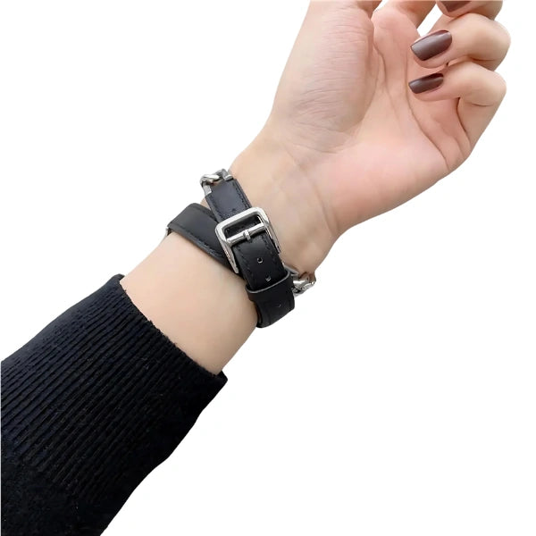 Leather Band Double Narrow with Chain for Apple Watch 40/41/42mm -Black