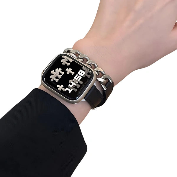 Leather Band Double Narrow with Chain for Apple Watch 40/41/42mm -Black