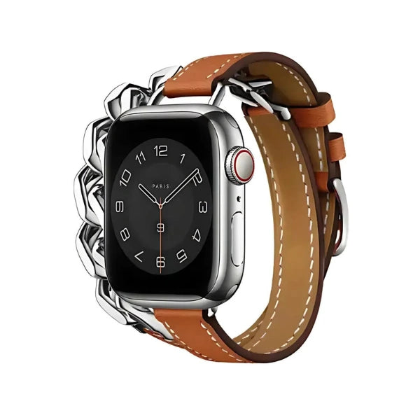 Leather Band Double Narrow with Chain for Apple Watch 44/45/46/49mm -Brown